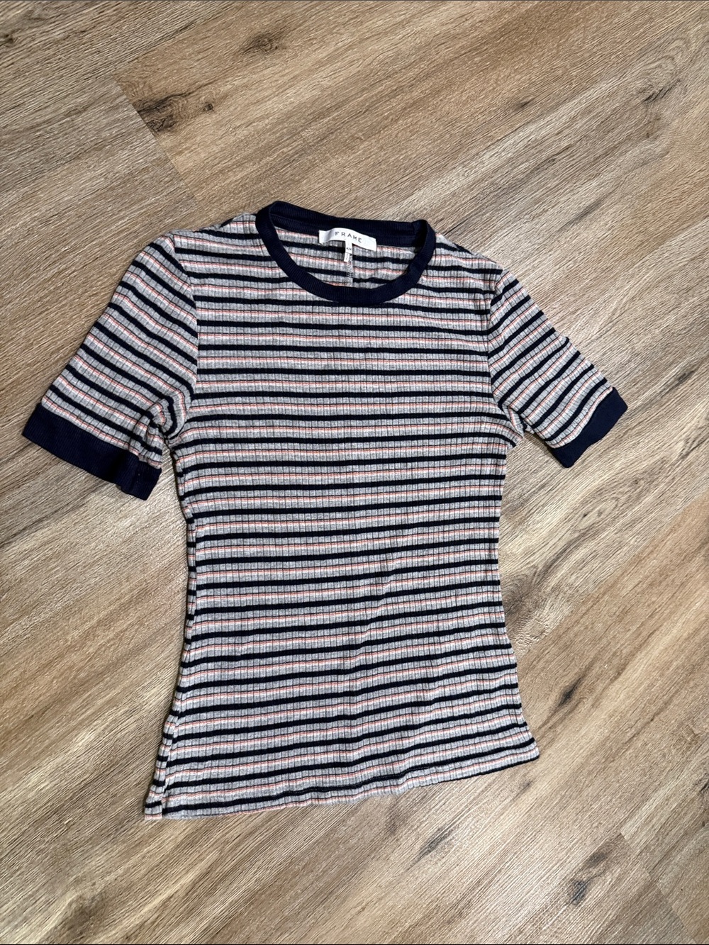 Frame Denim Navy, Gray & Orange Striped Ribbed Short Sleeve Baby Tee